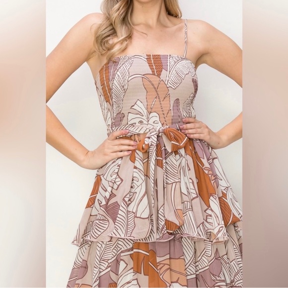 Sleeveless Smocked Tiered Leaf Print Multicolor Maxi Dress - Picture 4 of 5